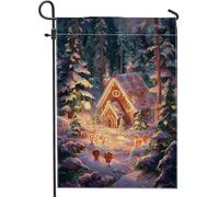 Drapeau de jardin en forme de maison en pain d'épices, Noël fantaisie, sucre d'orge, neige, Noël, marron chaud, double face, en toile de jute décorative pour extérieur, pelouse, porche, terrasse
