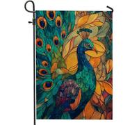 Drapeau de jardin en forme de paon coloré, décoration bleu vif et vert pour la maison de printemps et d'été, bannière double face de style vitrail pour décoration de pelouse extérieure, 30,5 x 45,7 cm