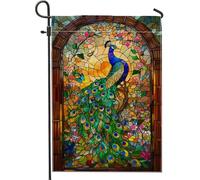 Drapeau de jardin en forme de paon, drapeau décoratif en verre teinté coloré, double face, décoration de pelouse extérieure pour la maison, décoration de jardin sur le thème de la nature, 30,5 x 45,7