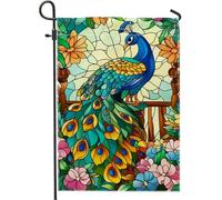 Drapeau de jardin en forme de paon pour le printemps et l'été, en verre teinté coloré, décoration d'intérieur, décoration de pelouse extérieure double face, drapeaux floraux vibrants pour fête de