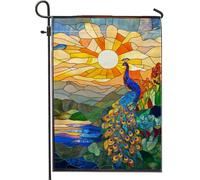 Drapeau de jardin en forme de paon vibrant - En verre teinté coloré - Décoration d'intérieur - Double face - Décoration de pelouse extérieure pour printemps et été - Drapeau de cour festif - 30,5 x