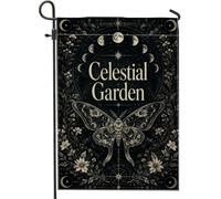 Drapeau de jardin en forme de papillon, lune botanique céleste, étoiles, noir, double face, en toile de jute décorative pour extérieur, porche, pelouse, terrasse, 30,5 x 45,7 cm