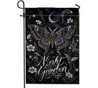 Drapeau de jardin en forme de papillon, nature mystique, lune et fleurs violettes nocturnes, en toile de jute double face, petit drapeau de jardin pour extérieur, terrasse, pelouse, porche, balcon