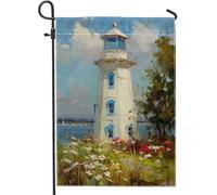 Drapeau de jardin en forme de phare côtier, bannière de décoration nautique blanche et bleue, œuvre d'art double face pour décoration de pelouse en été extérieur, 30,5 x 45,7 cm