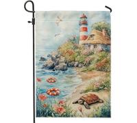 Drapeau de jardin en forme de phare côtier, scène de plage, tortue florale, décoration de cour, double face, décoration de pelouse d'été 30,5 x 45,7 cm