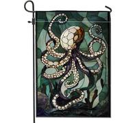 Drapeau de jardin en forme de pieuvre bleu océan, bannière de jardin décorative colorée de vie marine, double face, style vitrail pour décoration de pelouse, fête d'été, drapeau de cour 30,5 x 45,7 cm