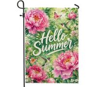 Drapeau de jardin en forme de pivoine, colibri, papillon, pêche d'été, double face, en toile de jute, drapeaux décoratifs pour extérieur, porche, pelouse, terrasse, 30,5 x 45,7 cm