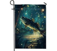 Drapeau de jardin en forme de poisson, lucioles d'eau réalistes en toile de jute bleue d'été double face pour extérieur, pelouse, porche, terrasse, entrée 30,5 x 45,7 cm