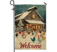 Drapeau de jardin en forme de poule, arbre de neige rustique, de Noël, blanc, double face, en toile de jute décorative pour extérieur, terrasse, pelouse, porche, balcon, 30,5 x 45,7 cm