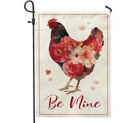 Drapeau de jardin en forme de poule romantique fantaisie, roses, cœurs, Saint-Valentin, rouge, double face, en toile de jute décorative pour extérieur, pelouse, porche, terrasse, entrée, 30,5 x 45,7