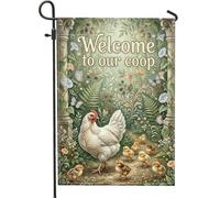 Drapeau de jardin en forme de poule rustique, poussins et papillons en toile de jute verte printanière, double face, pour extérieur, porche, pelouse, terrasse, 30,5 x 45,7 cm