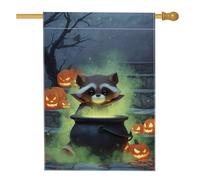 Drapeau de jardin en forme de raton laveur d'Halloween, citrouille orange et chaudron vert, bannière double face en toile de jute pour décoration de fête d'automne, 71,1 x 101,6 cm