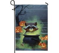 Drapeau de jardin en forme de raton laveur d'Halloween, citrouille orange et chaudron vert, bannière double face en toile de jute pour décoration de fête d'automne, 30,5 x 45,7 cm