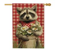 Drapeau de jardin en forme de raton laveur, fleurs vichy rouge, bannière de décoration d'intérieur, drapeau double face en toile de jute pour décoration de pelouse extérieure, 71 x 101 cm