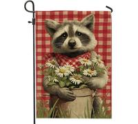 Drapeau de jardin en forme de raton laveur, fleurs vichy rouge, bannière de décoration d'intérieur, drapeau double face en toile de jute, décoration de pelouse extérieure, 30,5 x 45,7 cm