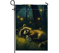 Drapeau de jardin en forme de raton laveur, motif lucioles fantaisie, vert, en toile de jute double face, pour extérieur, terrasse, pelouse, porche, balcon, 30,5 x 45,7 cm