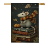 Drapeau de jardin en forme de souris d'automne, rongeur gris confortable avec écharpe sur livres et citrouille, bannière de pelouse saisonnière double face, décoration de cour d'accueil d'automne 71 x