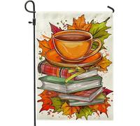 Drapeau de jardin en forme de tasse d'automne et livres, bannière de décoration d'intérieur, bannière double face en toile de jute pour décoration de pelouse pour Thanksgiving 30,5 x 45,7 cm