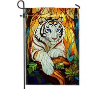 Drapeau de jardin en forme de tigre blanc d'hiver, drapeau de décoration d'intérieur en verre teinté double face, décoration de pelouse, fête de vacances, décoration saisonnière 30,5 x 45,7 cm
