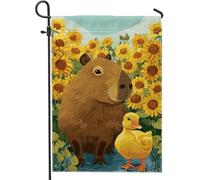 Drapeau de jardin en forme de tournesol - Canard Capybara jaune - Bannière double face en toile de jute - Décoration de pelouse extérieure - 30,5 x 45,7 cm