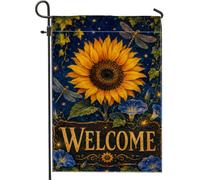 Drapeau de jardin en forme de tournesol, libellule naturelle, fleur bleue, jaune d'été, double face, en toile de jute, drapeaux décoratifs pour extérieur, pelouse, porche, terrasse, entrée, 30,5 x