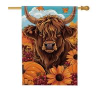 Drapeau de jardin en forme de vache de ferme d'automne, bannière florale marron de bétail des Highlands, bannière de décoration d'intérieur double face en toile de jute, décoration de pelouse