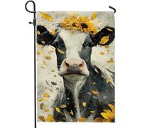 Drapeau de jardin en forme de vache de ferme - Motif tournesol noir et blanc - Bannière double face en toile de jute pour décoration de pelouse de printemps et d'été - 30,5 x 45,7 cm