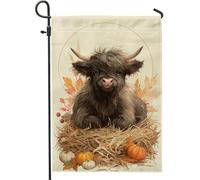 Drapeau de jardin en forme de vache des Highlands d'automne, joli veau marron, décoration de cour, bannière à suspendre double face pour Thanksgiving, décoration extérieure saisonnière 30,5 x 45,7 cm