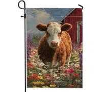 Drapeau de jardin en forme de vache, fleurs rustiques, grange, printemps, marron, double face, petit drapeau de jardin, cour, pour extérieur, terrasse, pelouse, porche, balcon, 30,5 x 45,7 cm