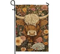 Drapeau de jardin en forme de vache florale printanière, bannière de cour de fleurs de bétail des Highlands marron, double face, décoration de pelouse extérieure, 30,5 x 45,7 cm