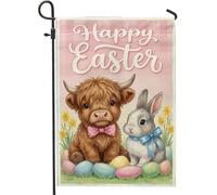 Drapeau de jardin en forme de vache, lapin fantaisie, œufs de Pâques, couleur pastel, pêche, toile de jute double face, pour extérieur, porche, pelouse, terrasse, 30,5 x 45,7 cm