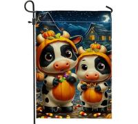 Drapeau de jardin en forme de vache mignonne pour Halloween, vaches noires et blanches avec citrouilles, bannière double face en toile de jute pour décoration de pelouse d'automne, 30,5 x 45,7 cm