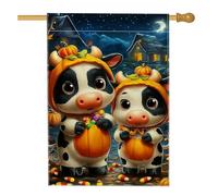 Drapeau de jardin en forme de vache mignonne pour Halloween, vaches noires et blanches avec citrouilles, bannière double face en toile de jute pour décoration de pelouse d'automne, 71 x 101,6 cm