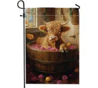 Drapeau de jardin en forme de vache pour printemps et été, joli veau dans un bain de fleurs, bannière de décoration extérieure, bannière double face en toile de jute, drapeau de pelouse, style ferme