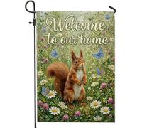 Drapeau de jardin en forme d'écureuil, nature fantaisie, papillon, fleur, printemps, toile de jute verte double face, petit drapeau de jardin pour extérieur, pelouse, porche, terrasse, entrée 30,5 x