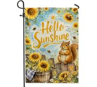 Drapeau de jardin en forme d'écureuil, tournesol rustique, abeille, printemps jaune en toile de jute double face pour extérieur, porche, pelouse, terrasse, 30,5 x 45,7 cm
