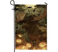Drapeau de jardin en forme d'élan pour Halloween, citrouille, chauve-souris, chapeau de sorcière, décoration d'art effrayante, bannière rustique d'automne double face en toile de jute pour extérieur