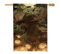 Drapeau de jardin en forme d'élan pour Halloween, citrouille, chauve-souris, chapeau de sorcière, décoration d'art effrayante, bannière rustique d'automne double face en toile de jute pour extérieur