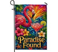 Drapeau de jardin en forme d'oiseau tropical, cocktail tropical vif, coucher de soleil d'été, pêche, toile de jute double face, décoration extérieure pour extérieur, terrasse, pelouse, porche, balcon
