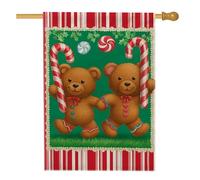 Drapeau de jardin en forme d'ours en pain d'épices, canne à sucre d'orge rouge et vert, bannière double face en toile de jute, décoration de fête de vacances, 71 x 101 cm