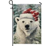 Drapeau de jardin en forme d'ours polaire, bonnet de Père Noël festif de Noël blanc neige double face en toile de jute décorative pour extérieur, pelouse, porche, terrasse, entrée, 30,5 x 45,7 cm
