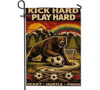 Drapeau de jardin en forme d'ours - Vintage - Rustique - Ballon de football - Montagnes d'été - Marron - Double face - Décoration extérieure pour extérieur, terrasse, pelouse, porche, balcon - 30,5 x