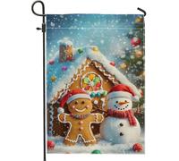 Drapeau de jardin en pain d'épices, décoration extérieure du pays des merveilles d'hiver, drapeau de cour des vacances double face pour Noël, décoration de pelouse festive, bonhomme de neige et maison