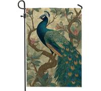 Drapeau de jardin en paon, branches naturalistes de fleurs de printemps bleu sarcelle en toile de jute double face pour extérieur, pelouse, porche, terrasse, entrée, 30,5 x 45,7 cm