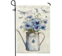 Drapeau de jardin en pensée bleue, arrosoir floral papillons, bannière de cour, décoration d'intérieur double face, printemps été, décoration extérieure 30,5 x 45,7 cm