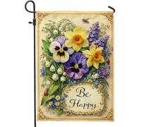 Drapeau de jardin en pensée, floral vintage jonquille muguet, printemps jaune, toile de jute double face, drapeaux décoratifs d'extérieur pour extérieur, terrasse, pelouse, porche, entrée, camping