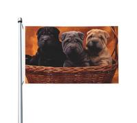 Drapeau de jardin en polyester double face représentant un chiot Shar Pei noir ou gris, 152 cm x 91 cm, avec œillets.
