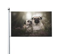 Drapeau de jardin en polyester double face représentant une famille de carlins (effet bokeh, mère et petit), 152 x 91 cm, avec œillets.