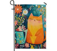 Drapeau de jardin en toile de jute double face avec chat mignon et fleur, chaton moucheté orange, 30,5 x 45,7 cm