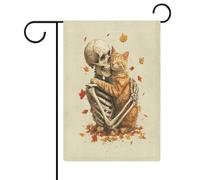 Drapeau de jardin en toile de jute double face avec squelette humain câlin un chat 32 x 47 cm